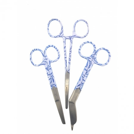 Set of Three: Blue Leaf Patterened Bandage, Forceps and Nursing Scissors