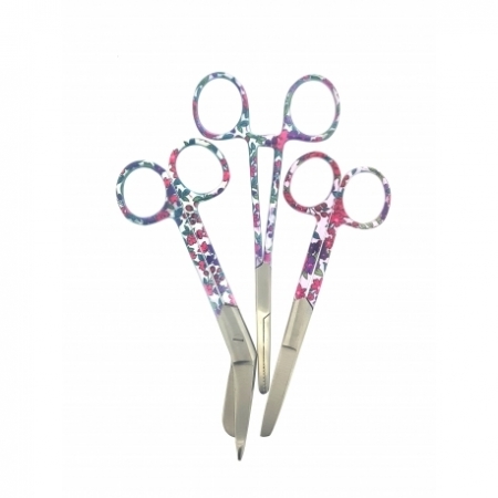 Set of Three: Blue Leaf Patterened Bandage, Forceps and Nursing Scissors